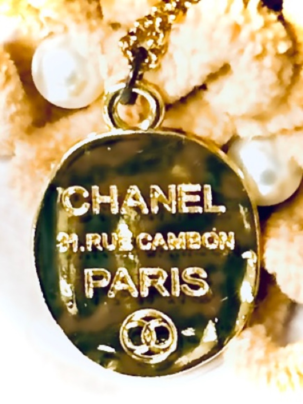 CHANEL Gold Tone Paris Logo Disc Pendant on Chain